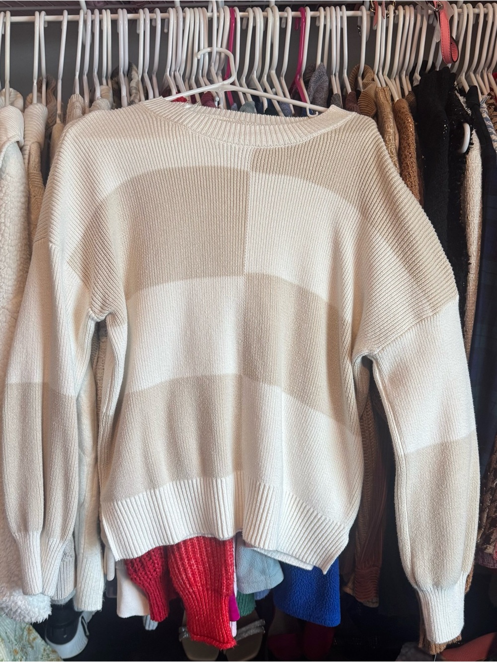 Jessica Simpson Neutral Block-Stripe Crewneck Sweater - Cream Taupe Small